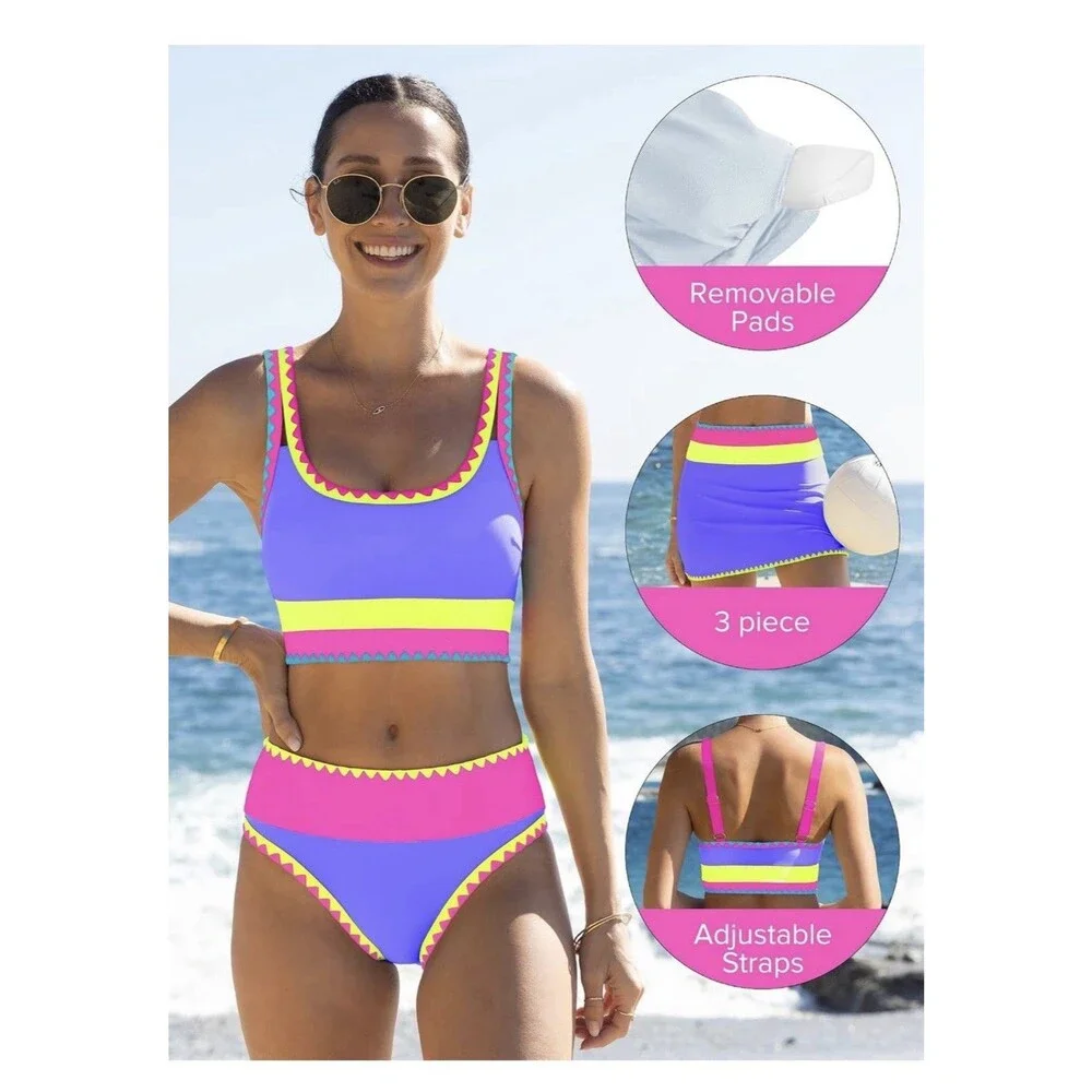 popvil Tummy Control 3 Piece Swimsuit with Skirt High Waisted Bikini Vibrant M